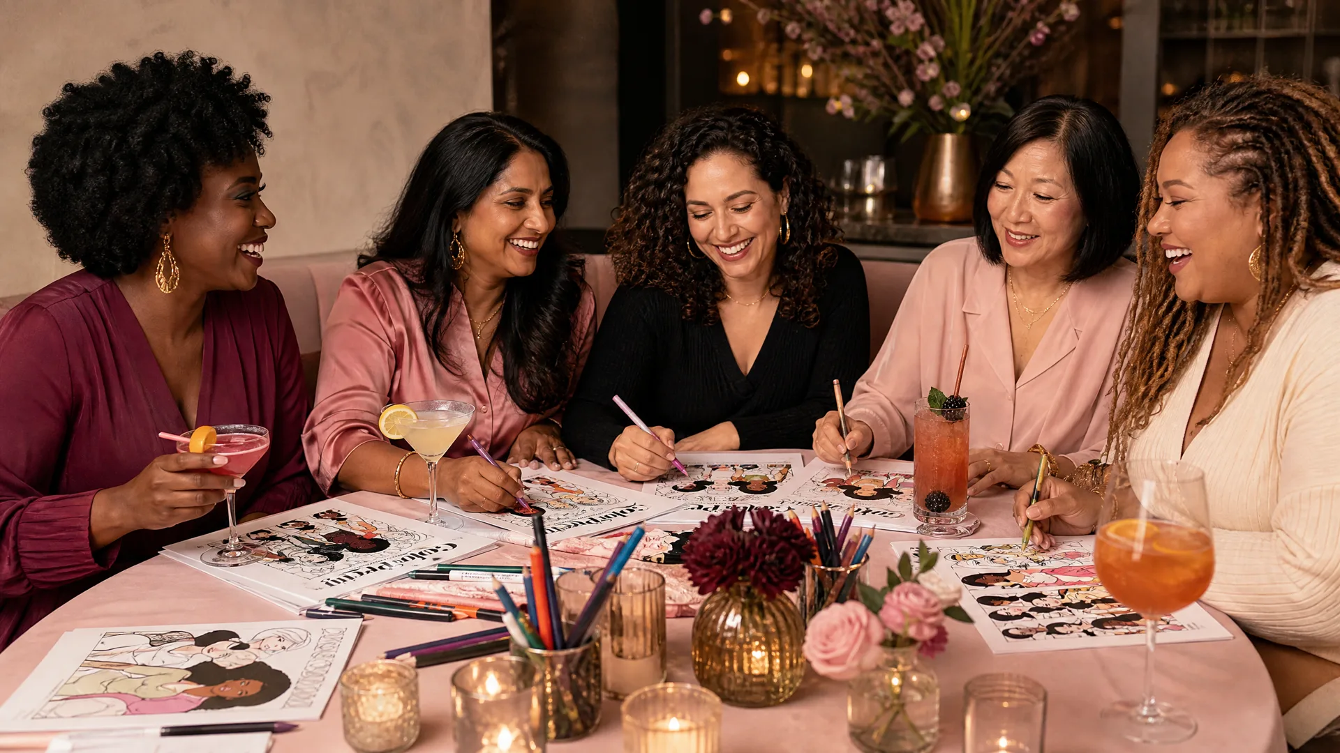 Five diverse adult women enjoying cocktails while coloring original Color In Pretty Dollies artwork