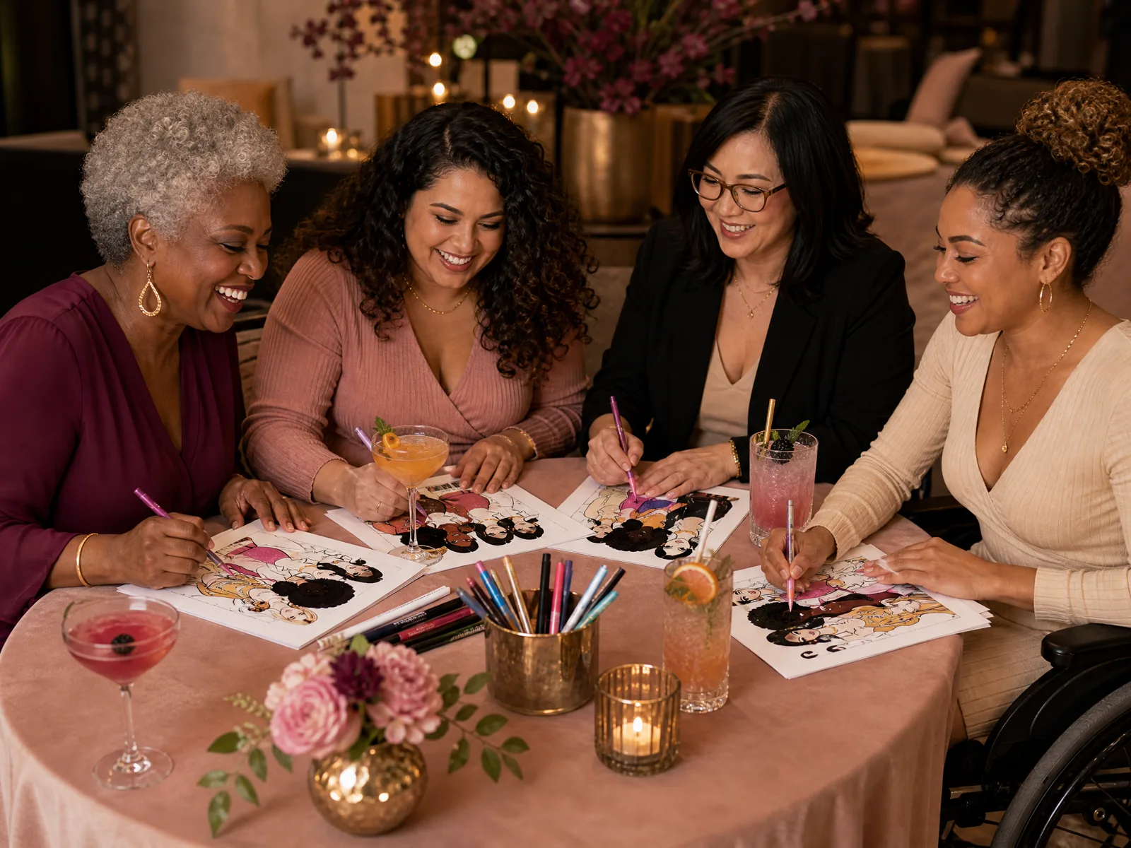 A diverse group of adult women coloring original Color In Pretty Dollies pages together over cocktails