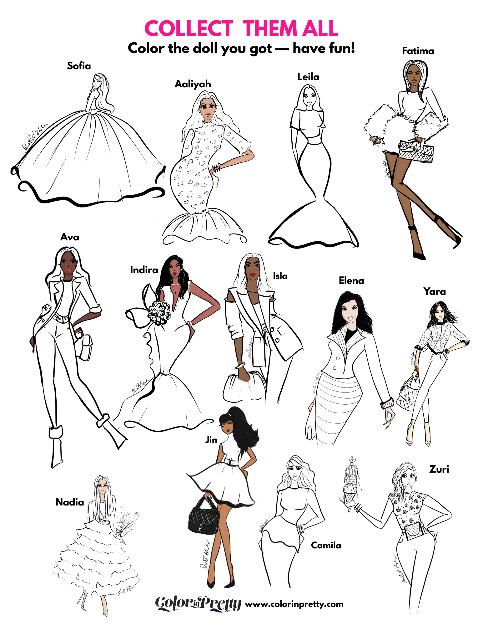 Original diverse Dollies illustrations by Nicola Styles for Color In Pretty